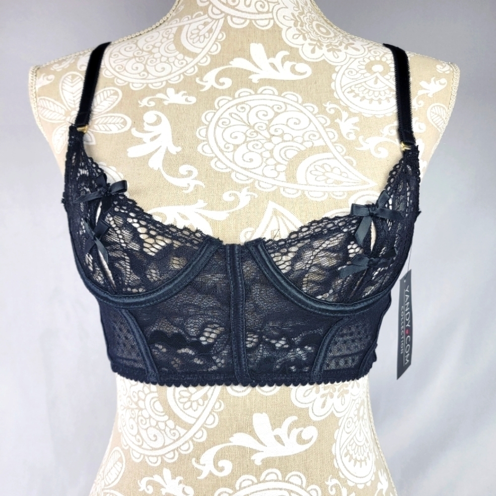 NWT Yandy sheer black lace bow partial corset underwire bra